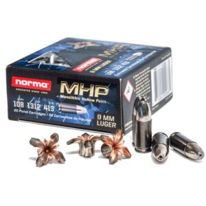 Norma Home Defense MHP Ammunition 9mm Luger 108 Grain Monolithic Hollow Point Ammo - Handgun Ammo - 20 Rounds - 299740020