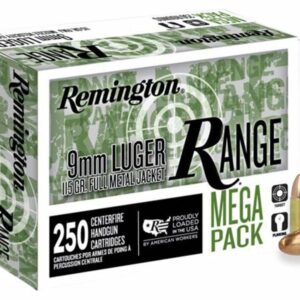 Remington Ammunition R23975 Range 9mm Luger 115 gr Full Metal Jacket (FMJ) Handgun Ammo - 250 Rounds - R23975