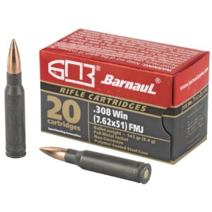 Barnaul Ammunition 308 Winchester 145Gr Full Metal Jacket Steel Polycoated Case Rifle Ammo - 20 Rounds - 81155