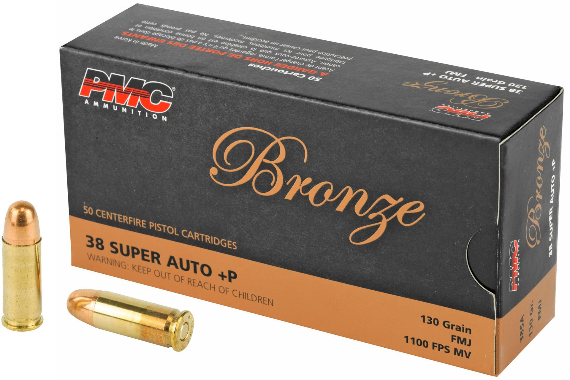 PMC Bronze 38 Super +P 130 Grain Full Metal Jacket Handgun Ammo - 50 Rounds - 38SA