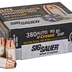Sig Sauer 380 Auto 90Gr V-Crown JHP Ammunition Handgun Ammo - 50 Rounds - E380A1-50
